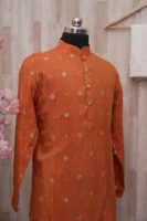 Rust Orange Textured Silk Kurta with Golden Motifs
