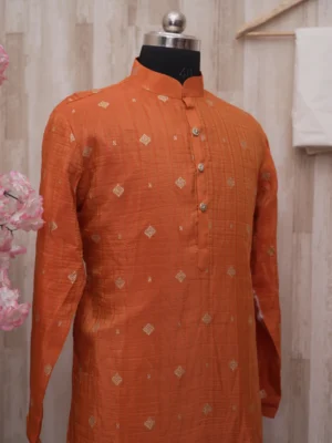 Rust Orange Textured Silk Kurta with Golden Motifs