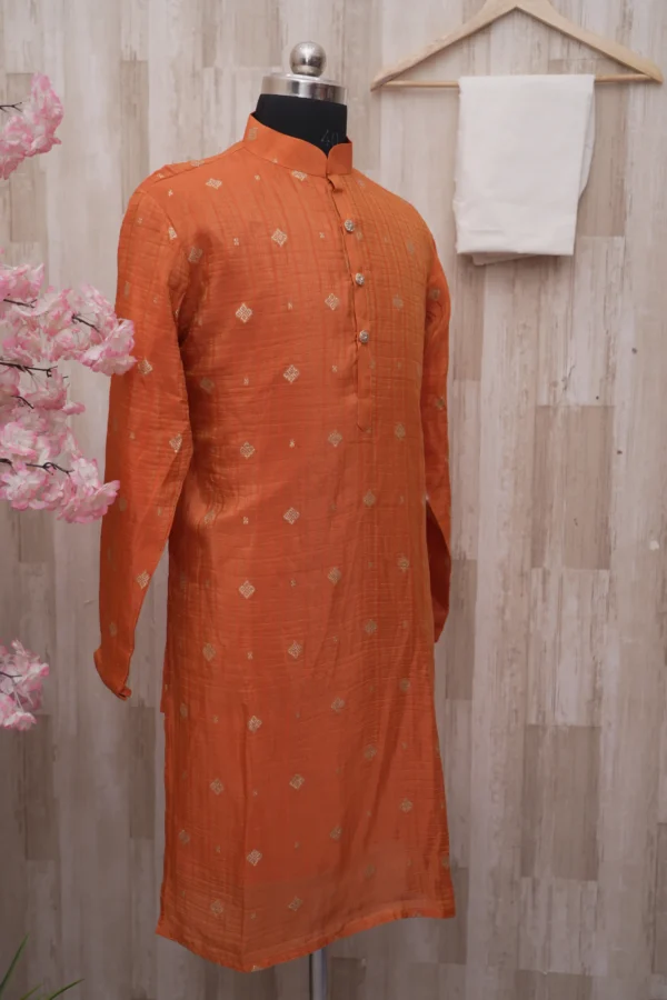 Rust Orange Textured Silk Kurta with Golden Motifs
