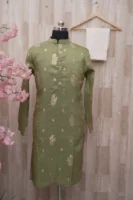 Olive Green Silk Kurta with Golden Zari Motifs