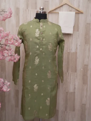 Olive Green Silk Kurta with Golden Zari Motifs