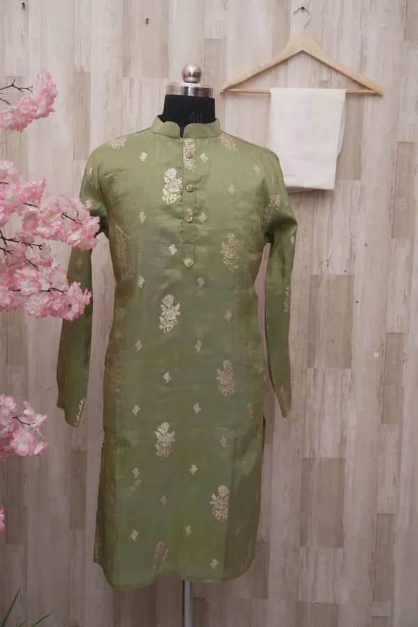 Olive Green Silk Kurta with Golden Zari Motifs
