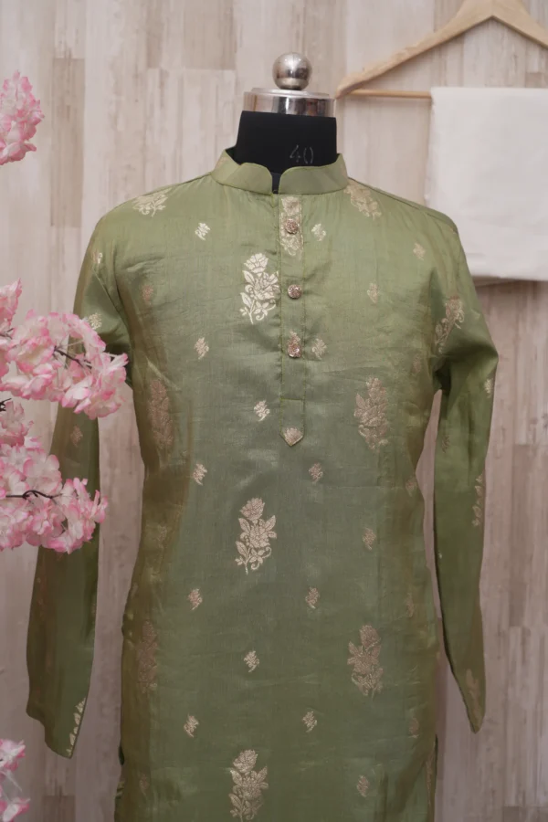 Olive Green Silk Kurta with Golden Zari Motifs