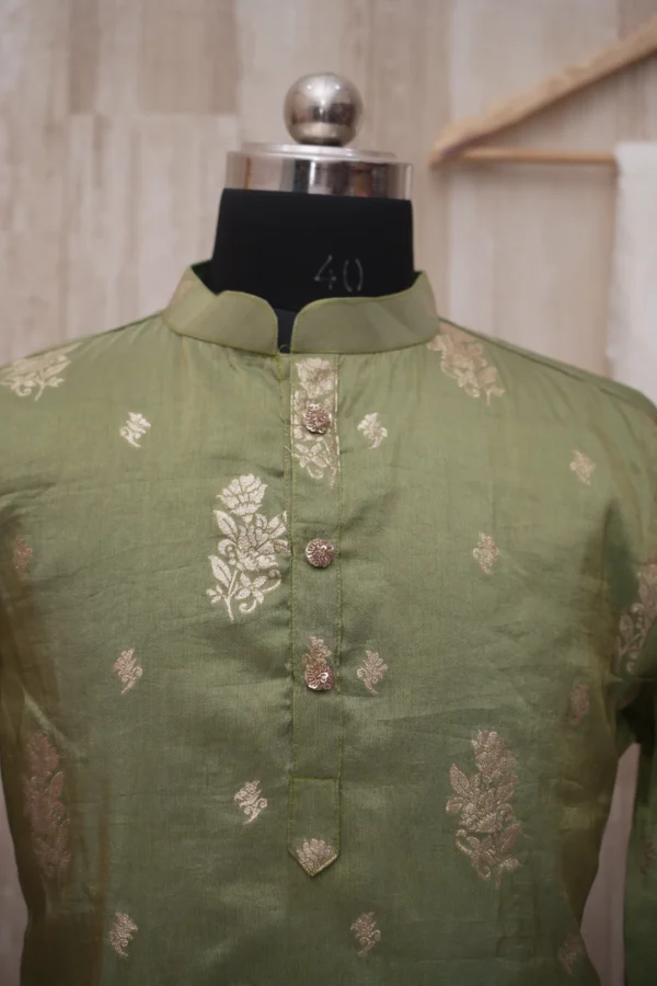 Olive Green Silk Kurta with Golden Zari Motifs