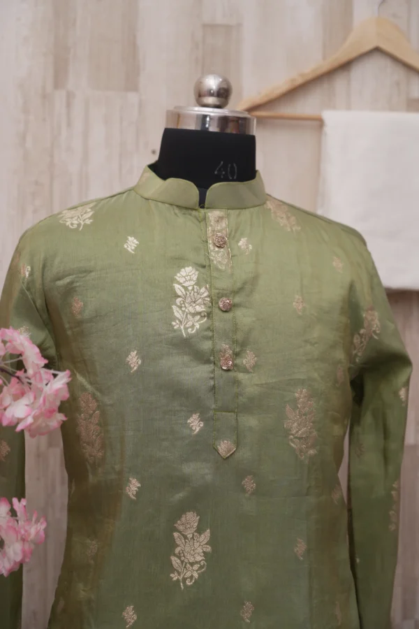 Olive Green Silk Kurta with Golden Zari Motifs