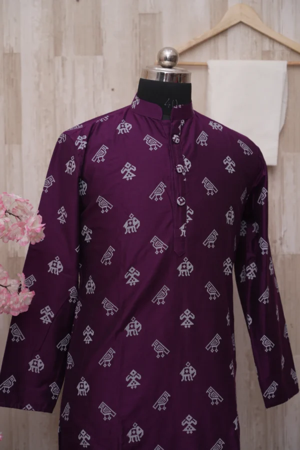 Deep Purple Ikat Print Cotton Kurta for Men