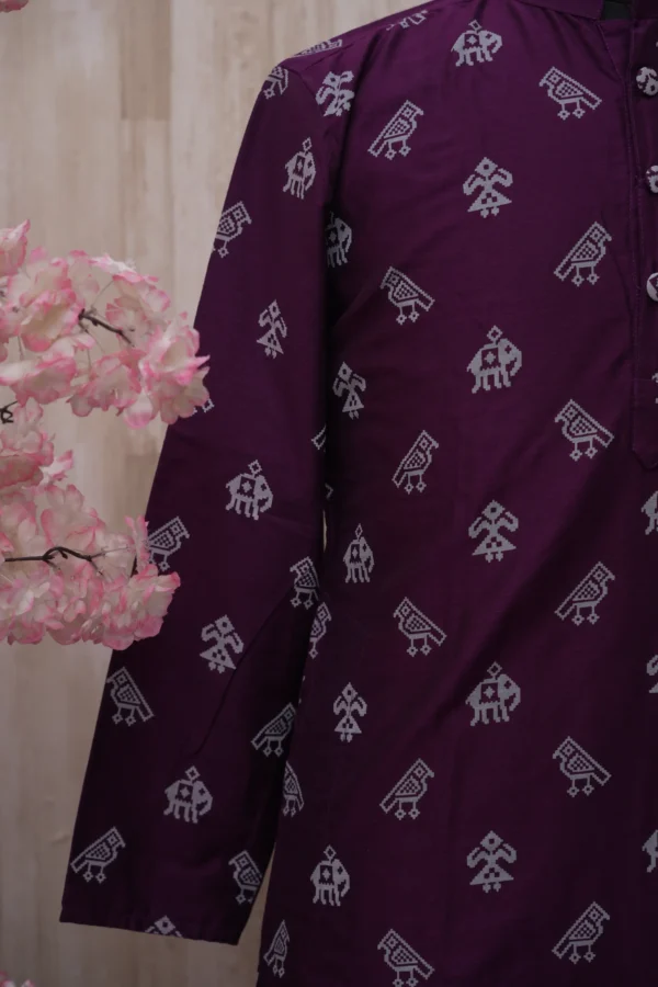 Deep Purple Ikat Print Cotton Kurta for Men