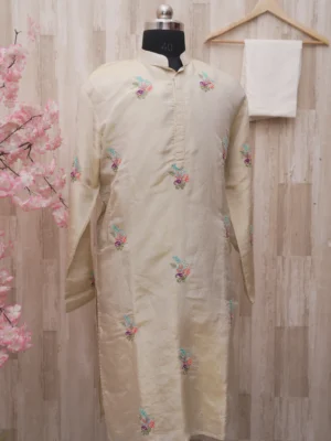 Cream Silk Kurta with Multicolor Thread Embroidery