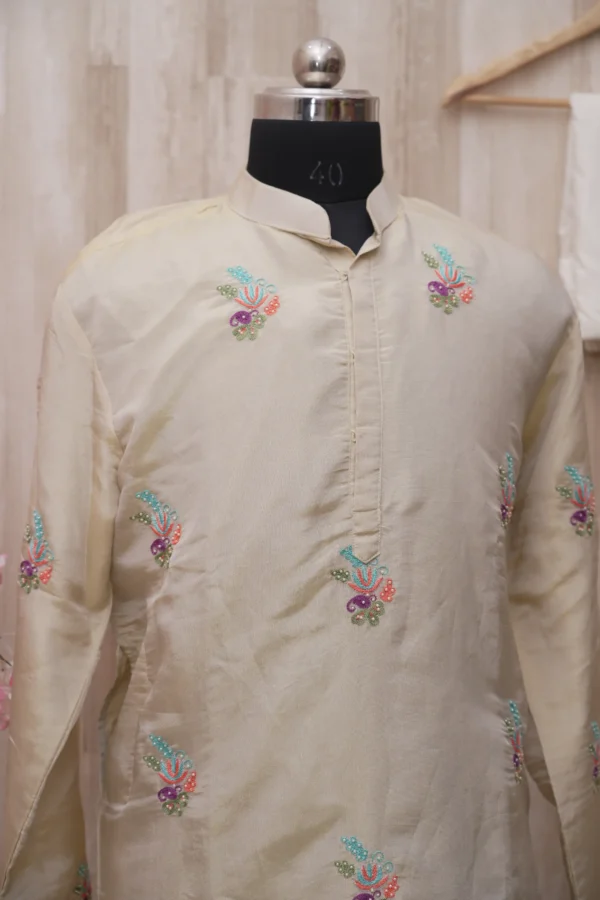 Cream Silk Kurta with Multicolor Thread Embroidery
