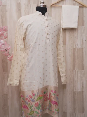 Ivory Silk Kurta with Colorful Flamingo Embroidery