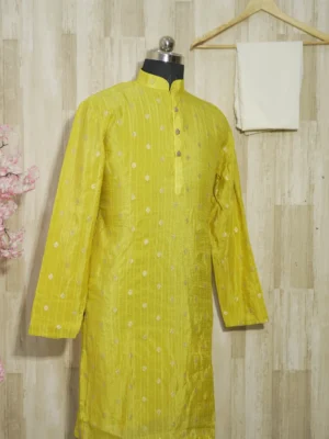 Mustard Yellow Silk Kurta with Golden Motifs