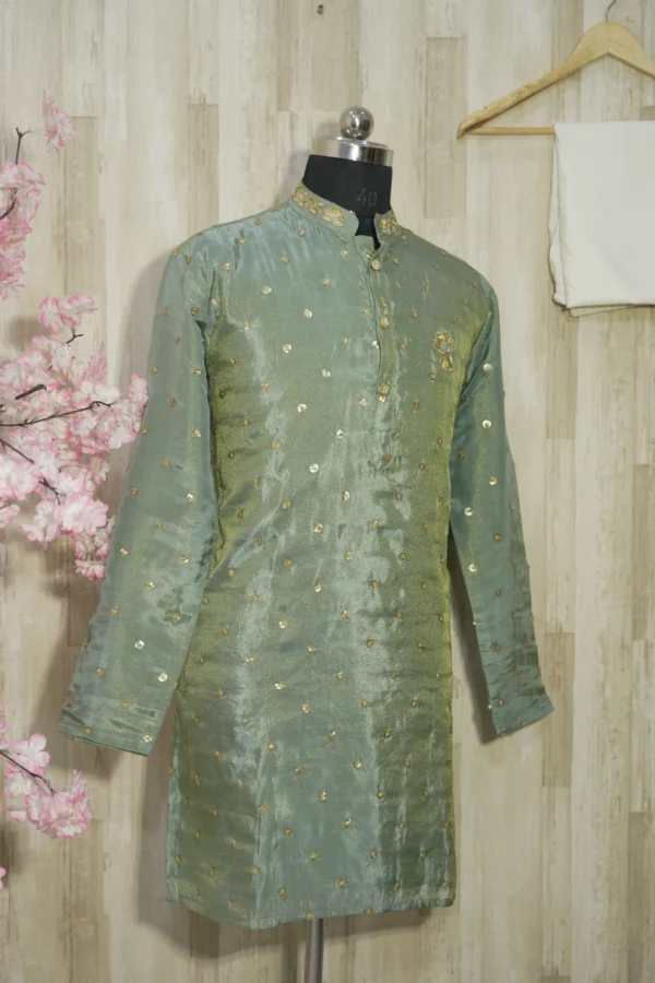 Sage Green Silk Kurta with Gold Sequin Embroidery