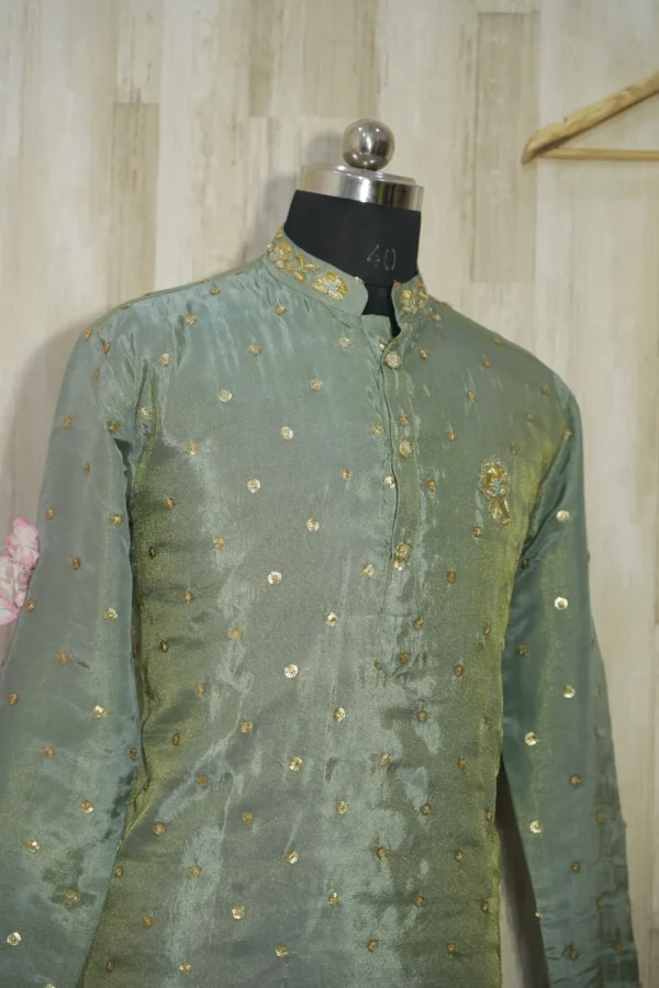 Sage Green Silk Kurta with Gold Sequin Embroidery