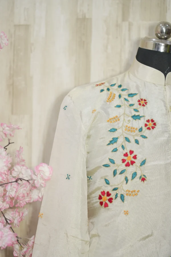 Ivory Silk Kurta with Multicolor Floral Embroidery