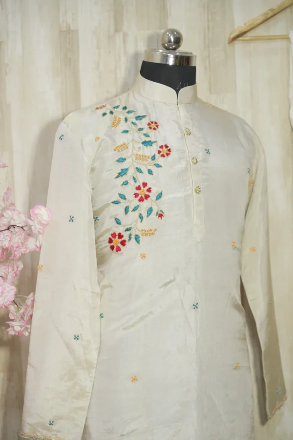 Ivory Silk Kurta with Multicolor Floral Embroidery