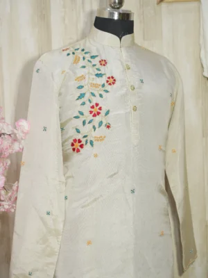 Ivory Silk Kurta with Multicolor Floral Embroidery
