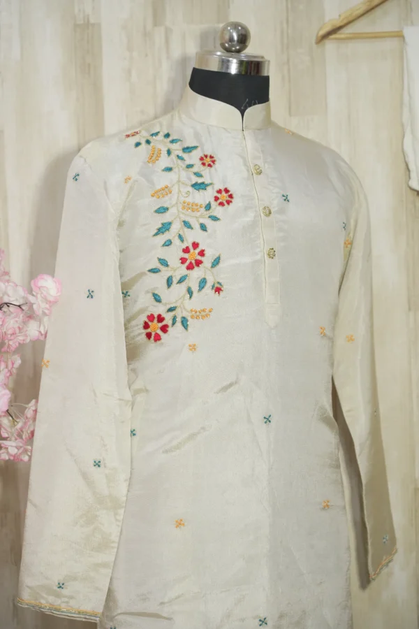 Ivory Silk Kurta with Multicolor Floral Embroidery