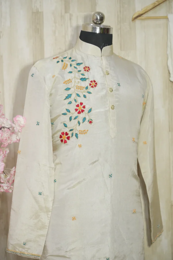 Ivory Silk Kurta with Multicolor Floral Embroidery