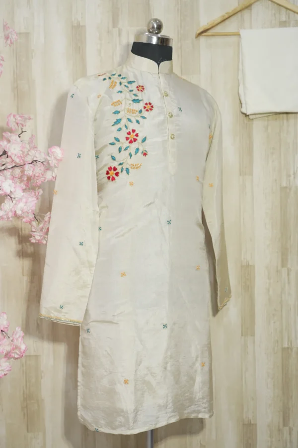 Ivory Silk Kurta with Multicolor Floral Embroidery