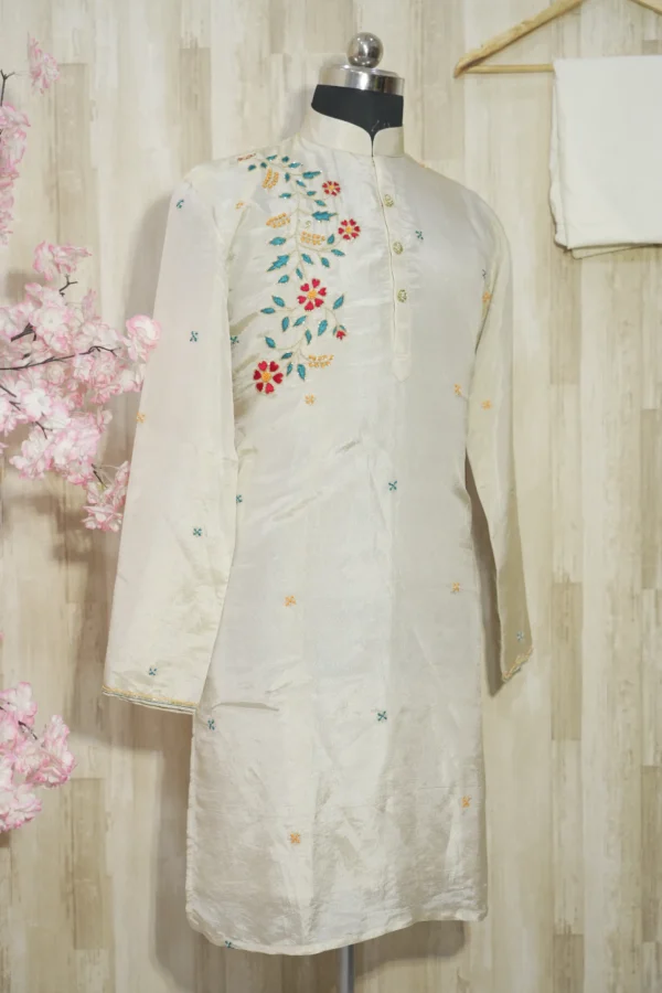 Ivory Silk Kurta with Multicolor Floral Embroidery