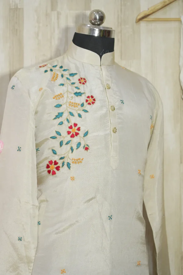 Ivory Silk Kurta with Multicolor Floral Embroidery