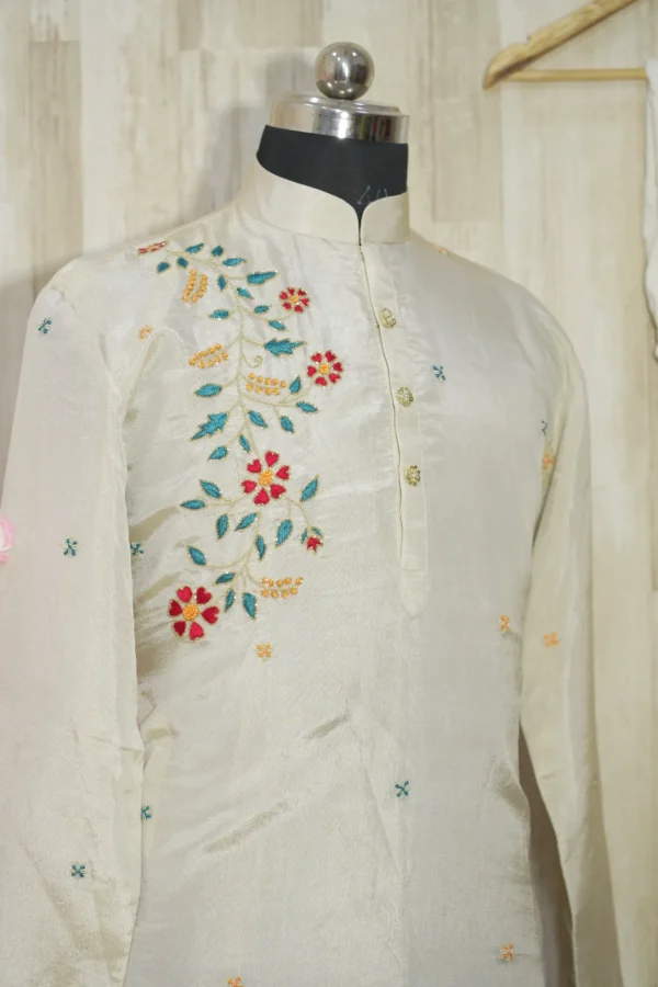 Ivory Silk Kurta with Multicolor Floral Embroidery