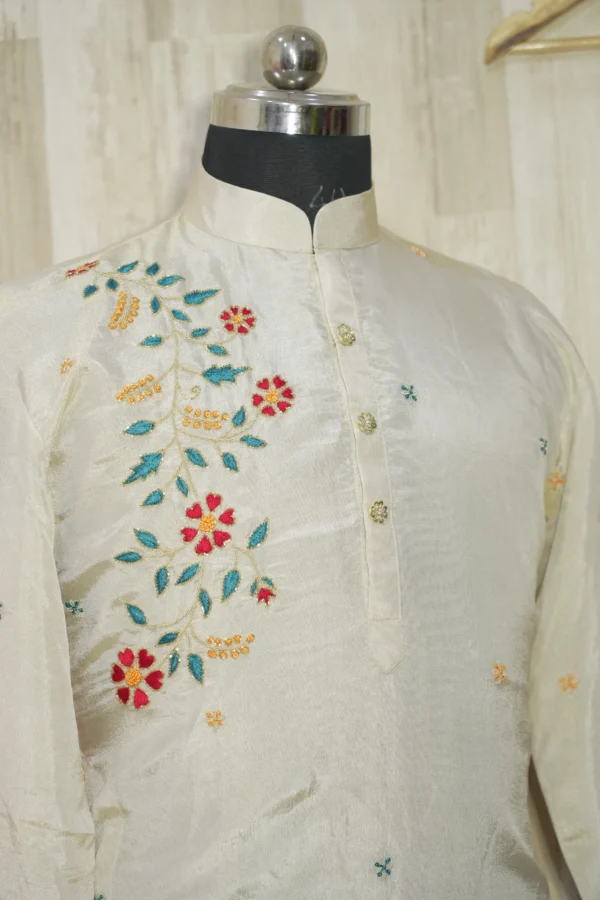 Ivory Silk Kurta with Multicolor Floral Embroidery