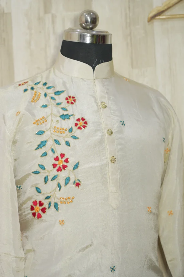Ivory Silk Kurta with Multicolor Floral Embroidery