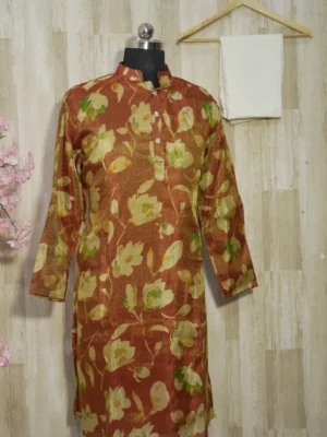 Rust Gold Floral Banarasi Silk Kurta for Men