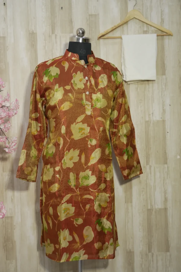Rust Gold Floral Banarasi Silk Kurta for Men