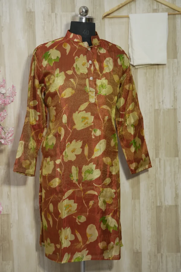 Rust Gold Floral Banarasi Silk Kurta for Men