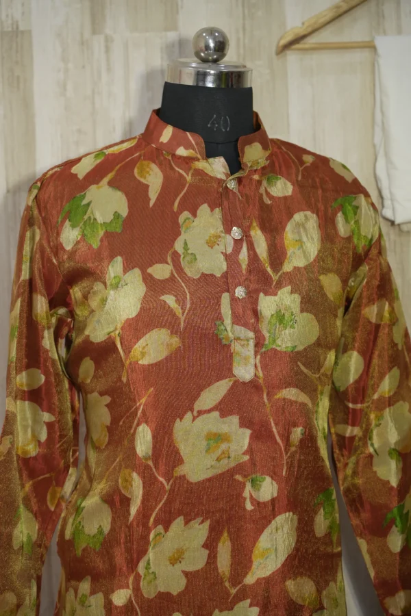 Rust Gold Floral Banarasi Silk Kurta for Men