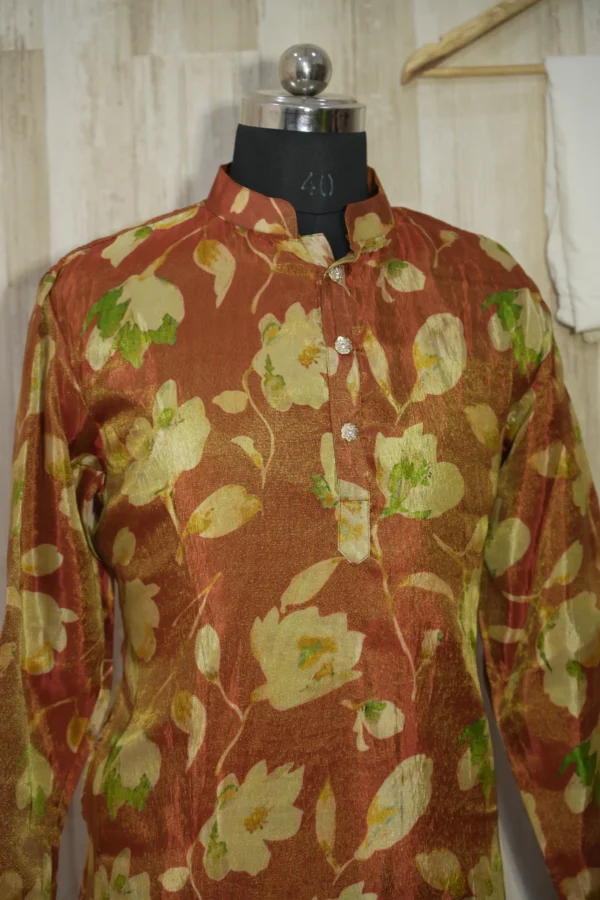 Rust Gold Floral Banarasi Silk Kurta for Men