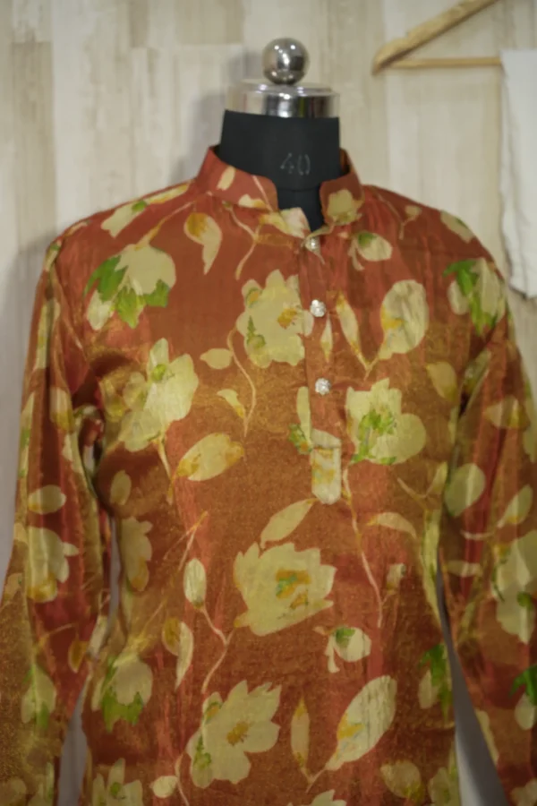 Rust Gold Floral Banarasi Silk Kurta for Men