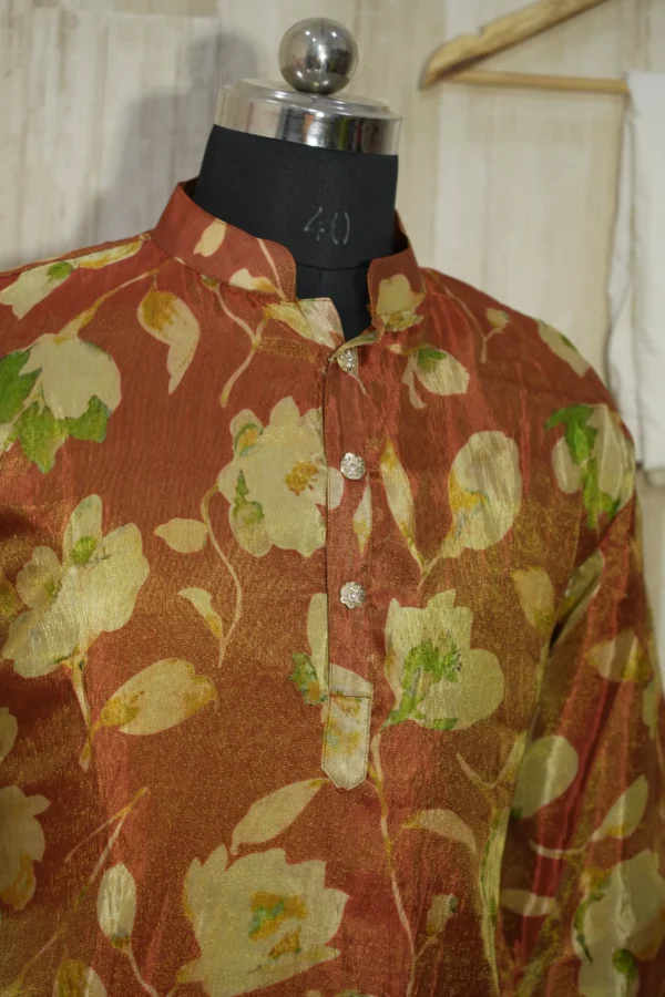 Rust Gold Floral Banarasi Silk Kurta for Men