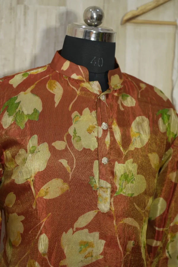 Rust Gold Floral Banarasi Silk Kurta for Men