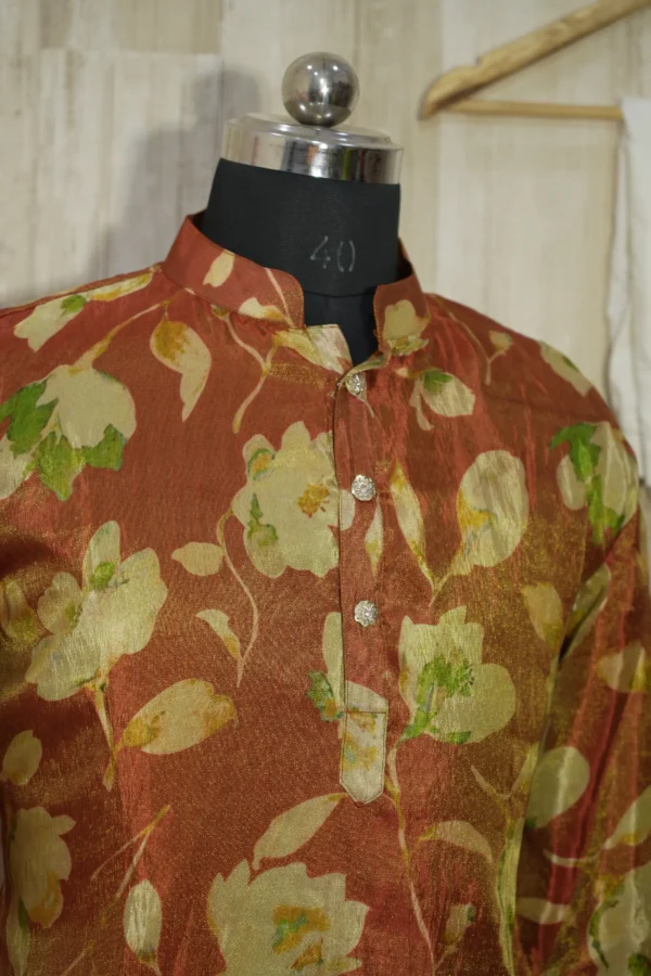 Rust Gold Floral Banarasi Silk Kurta for Men