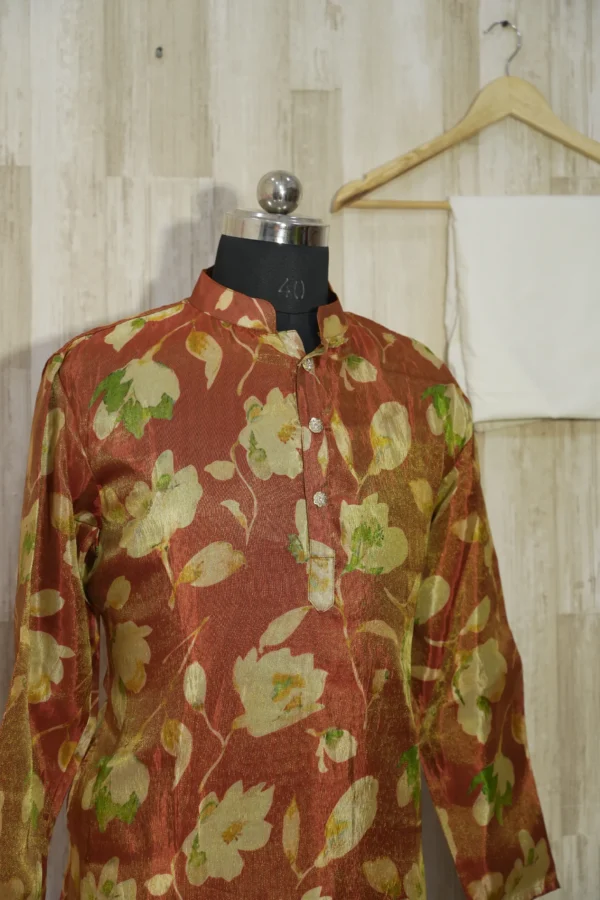 Rust Gold Floral Banarasi Silk Kurta for Men