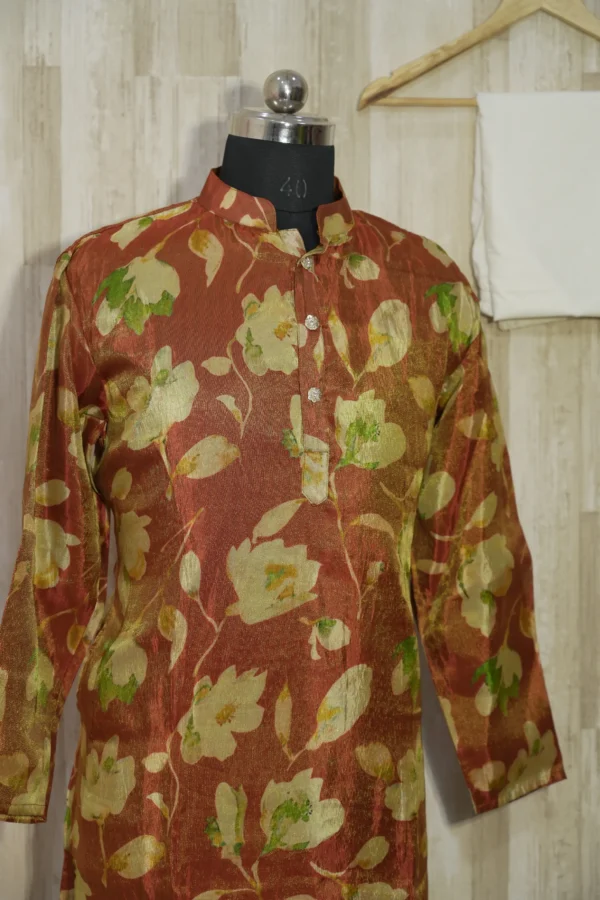 Rust Gold Floral Banarasi Silk Kurta for Men