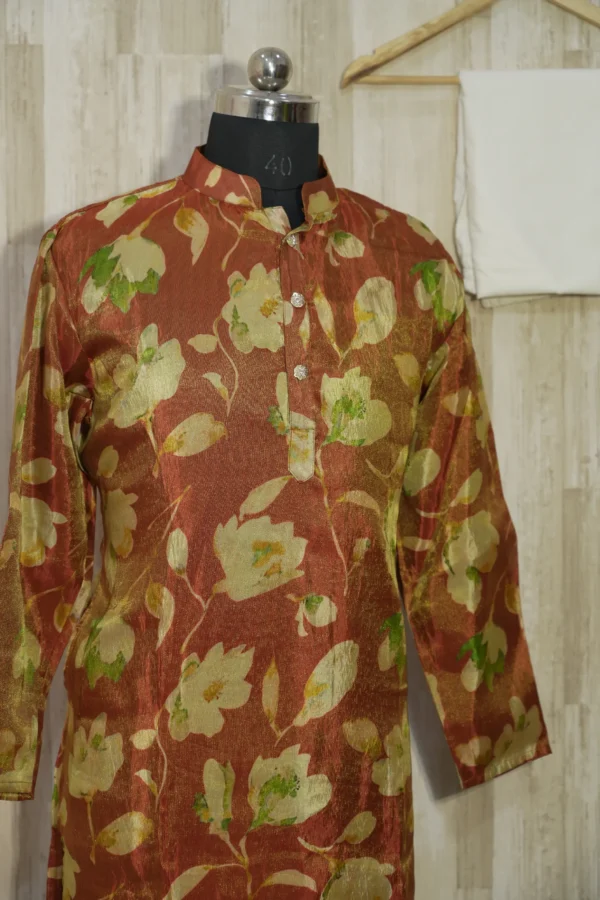 Rust Gold Floral Banarasi Silk Kurta for Men