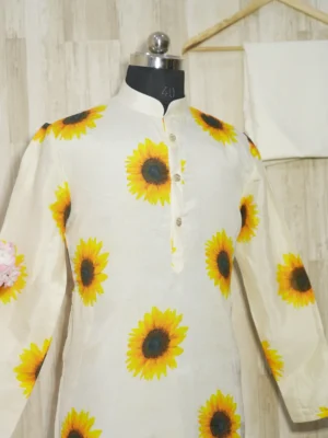 Ivory Silk Kurta with Sunflower Print