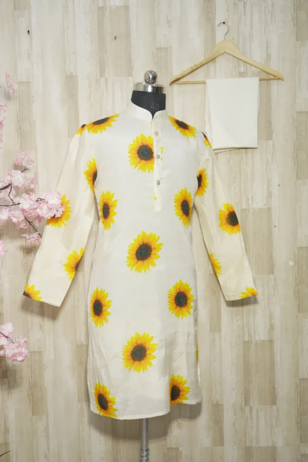Ivory Silk Kurta with Sunflower Print