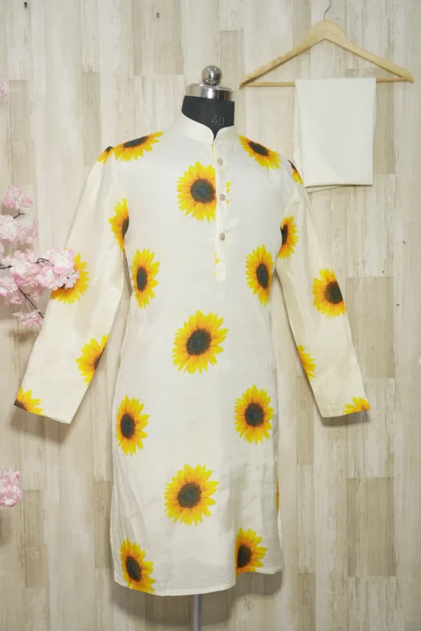 Ivory Silk Kurta with Sunflower Print