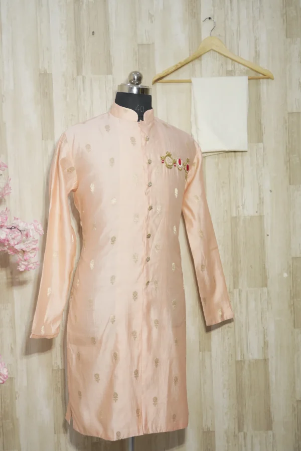 Peach Silk Kurta with Subtle Golden Motifs and Brooch