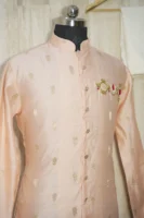 Elegant Peach Silk Kurta with Intricate Zari Embroidery & Temple Motifs