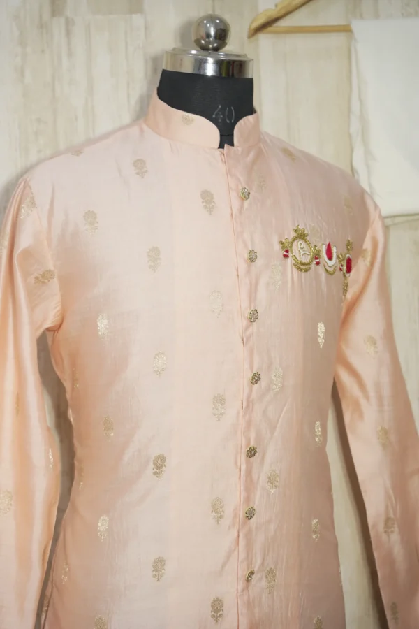 Elegant Peach Silk Kurta with Intricate Zari Embroidery & Temple Motifs