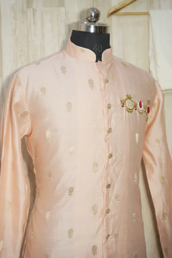 Elegant Peach Silk Kurta with Intricate Zari Embroidery & Temple Motifs
