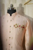 Elegant Peach Silk Kurta with Intricate Zari Embroidery & Temple Motifs