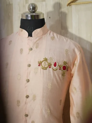Elegant Peach Silk Kurta with Intricate Zari Embroidery & Temple Motifs