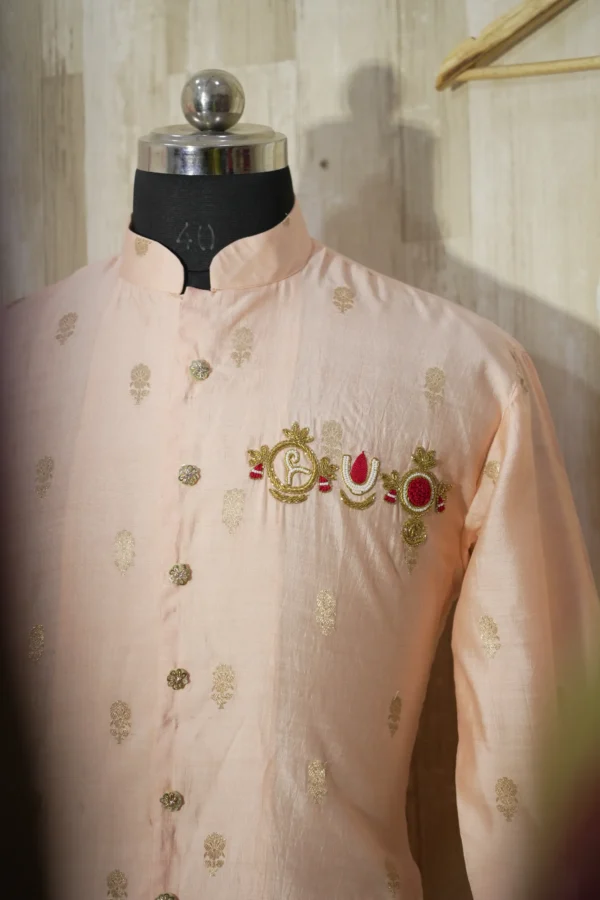 Elegant Peach Silk Kurta with Intricate Zari Embroidery & Temple Motifs